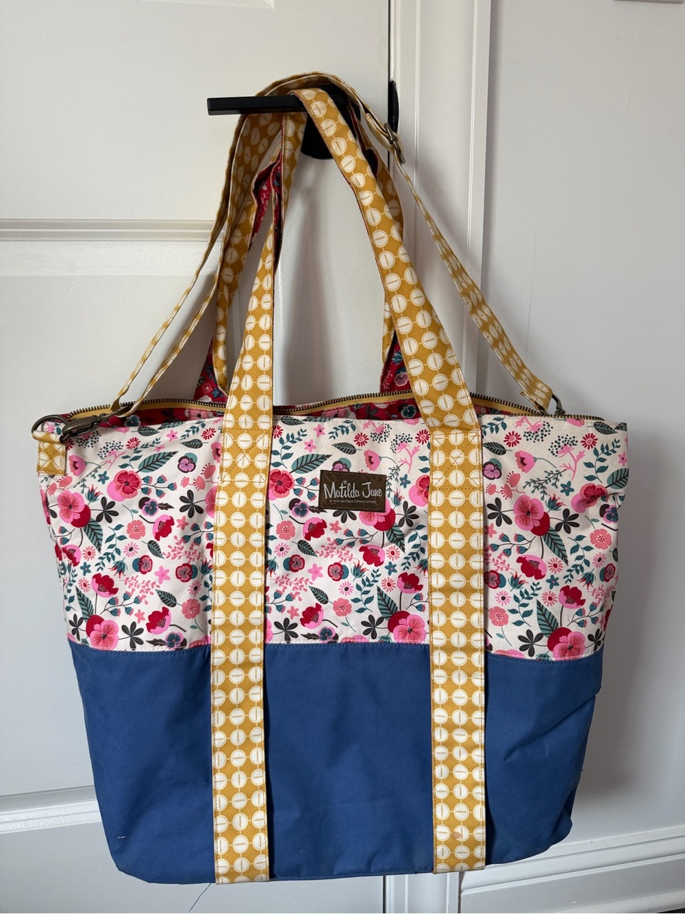 Matilda Jane Pink Floral & Navy Canvas Tote with Mustard Strap Accents